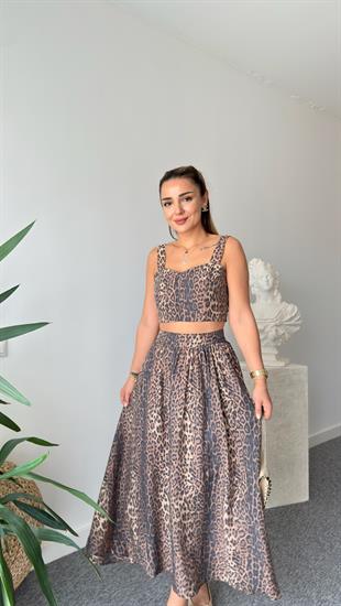 Leopar Desenli Etekli Crop Takım