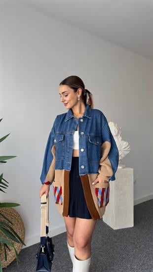 Norber Alt Kahve Trikolu Denim Hırka