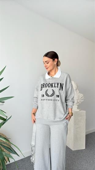 Beyaz Yaka Brooklyn Yazılı Gri Sweatshirt