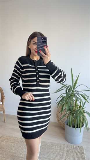 Düğme Detaylı Çizgili Tunik Elbise