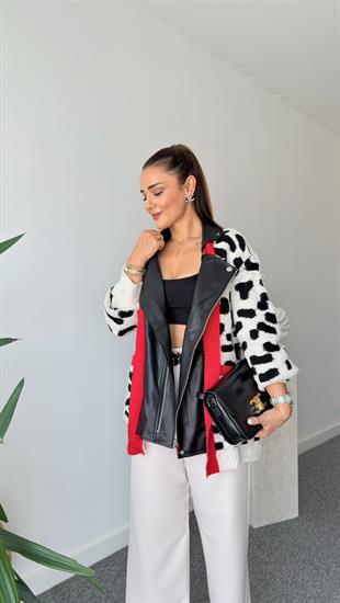 Deri Detaylı Tasarım Leopar Desen Hırka 