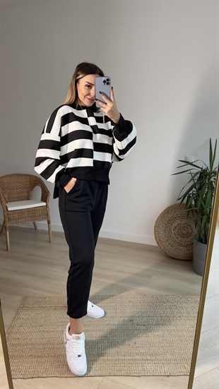 Siyah Beyaz Kalın Çizgili Şardonlu Sweat