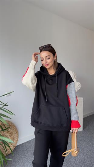 Kolları Triko Tasarım Siyah Sweatshirt