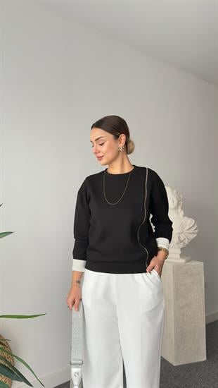Taniya Fermuar Detaylı Siyah Modal Sweat