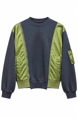 Lacivert Mix Kumaş Fermuarlı Sweatshirt