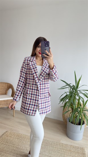Kırmızı Mavi Ekoseli Blazer Ceket 