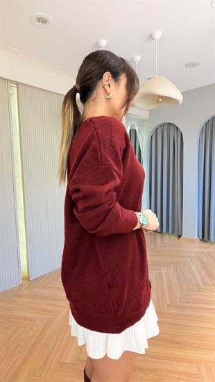 Bordo Taş Detaylı V Yaka Kazak