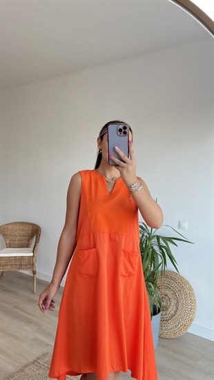 Poplin Detaylı Cepli Turuncu Elbise 