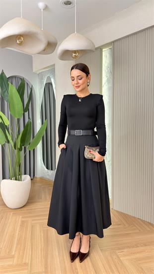 Siyah Çift Parça Görünümlü Vatkalı Elbise