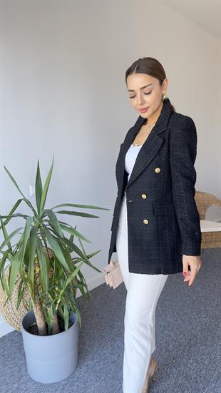 Gold Düğme Siyah Tüvit Blazer Ceket