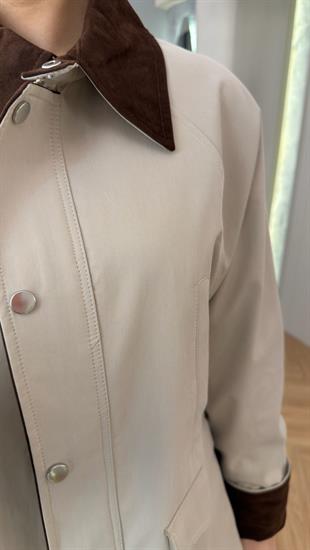 Bej Larimar Süet Yaka İç Ekoseli Ceket