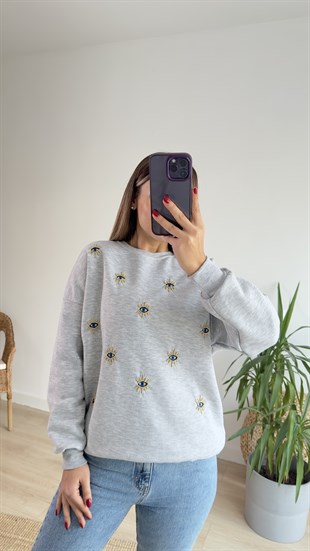 Göz Detaylı Şardonlu Gri Sweat