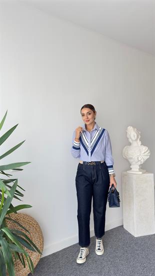 Made Ribanalı Çizgili Lacivert Gömlek