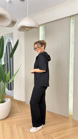 Siyah Stars Taş Detaylı Üçlü Takım