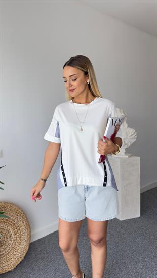 Sırt Poplin Detay Düğmeli Beyaz Modal Tshirt
