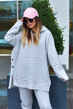 Düğme Detaylı Şardonlu Gri Sweat