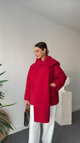 Yuthi Kaşkol Detaylı Astarlı Kırmızı Kaban