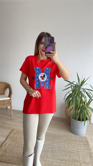 M Baskı Kırmızı Tshirt