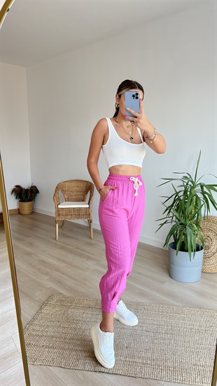 Beli Lastikli Paça Pile Detaylı Fuşya  Pantolon