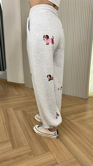 Köpek Desenli Paça Stoper Gri Eşofman Altı