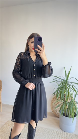 Marka Model Dantel Detaylı Siyah Elbise
