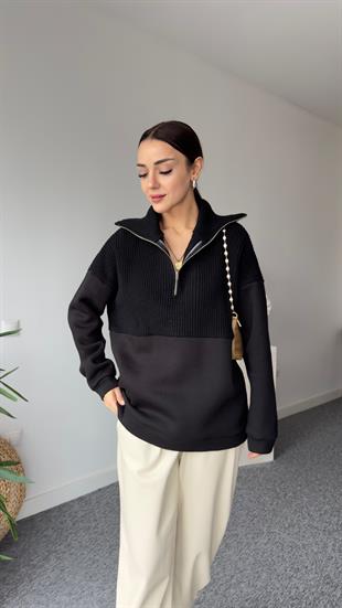Üst Trikolu Fermuarlı Siyah Sweatshirt