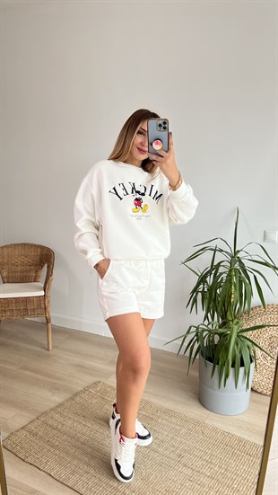 Mickey İşlemeli Beyaz Sweatshirt