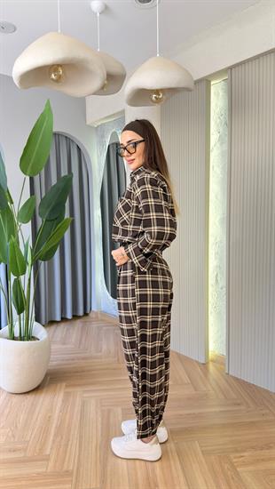 Bej Ekoseli Reyna Kemerli Balon Pantolon 