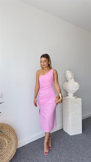 Pembe Tek Omuz Likralı Elbise 