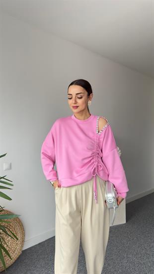 Premıum Büzgülü Taş Detay Pembe Modal Sweat