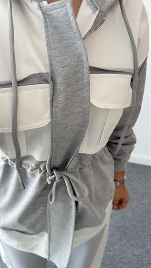Josie Tws Model Gri Beyaz Kapüşonlu Ceket