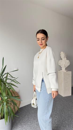 Legra Fermuar Detaylı Beyaz Sweatshirt