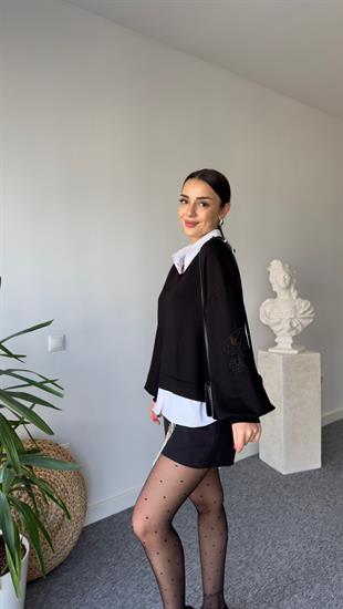 Gömlek Detaylı Kollar Aplikeli Siyah Modal Sweat