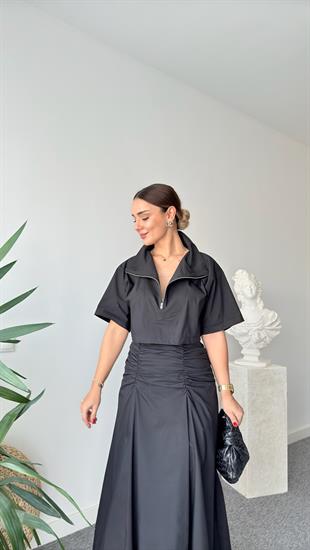 Quel Fermuarlı Siyah Poplin Bluz