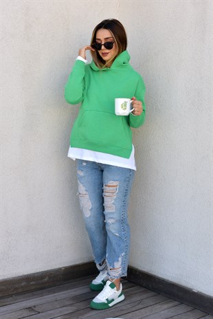 Tshirt Detaylı Şardonlu Yeşil Sweat