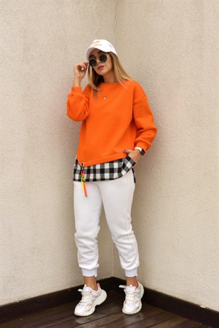 Ekose Detaylı Tasarım Turuncu Sweatshirt
