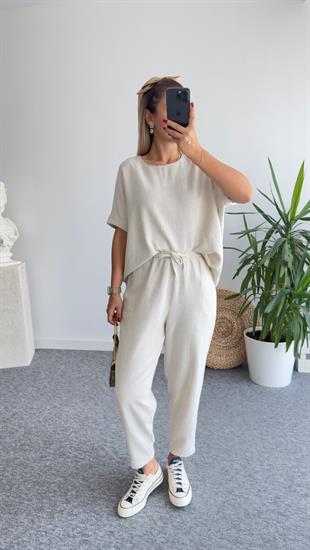 Nujo Kısa Kollu Bej Keten Takım