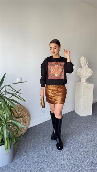 Tulis Kırmızı Baskı Siyah Sweatshirt