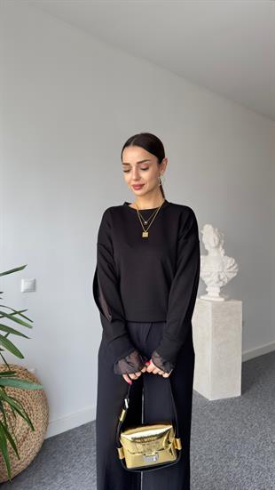 Kolu Pencereli Tül Detay Siyah Modal Sweat
