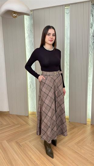 Bej Lunca Kemerli Ekose Etek