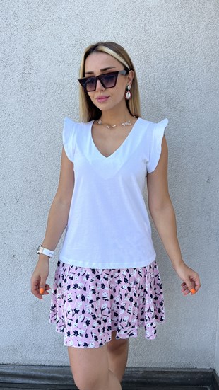 Kolları Volanlı V Yaka Beyaz Tshirt