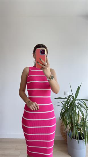 Nisen Kolsuz Çizgili Pembe Triko Elbise 