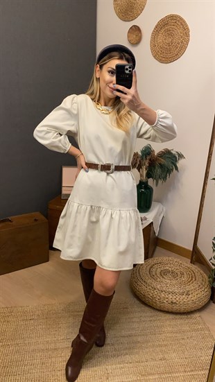 Kolu Büzgülü Kemerli Ekru Kot Elbise