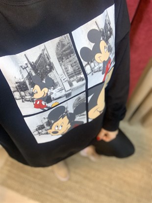Siyah Mickey Baskılı Sweatshirt