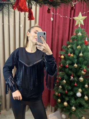 Deri Püsküllü Sweatshirt