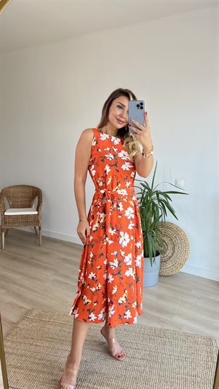 Çiçek Desen Turuncu Kuşaklı Elbise
