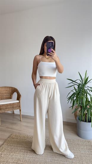 Beli İşleme Lastikli Keten Pantolon