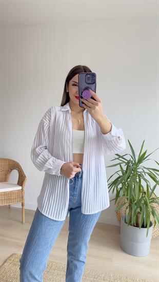 Fermuarlı Şerit Detay Beyaz Ceket