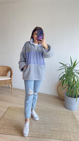 Mavi Desenli Peluş Sweat
