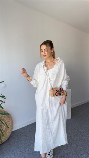 Düşük Omuzlu Bej Oversize Gömlek 